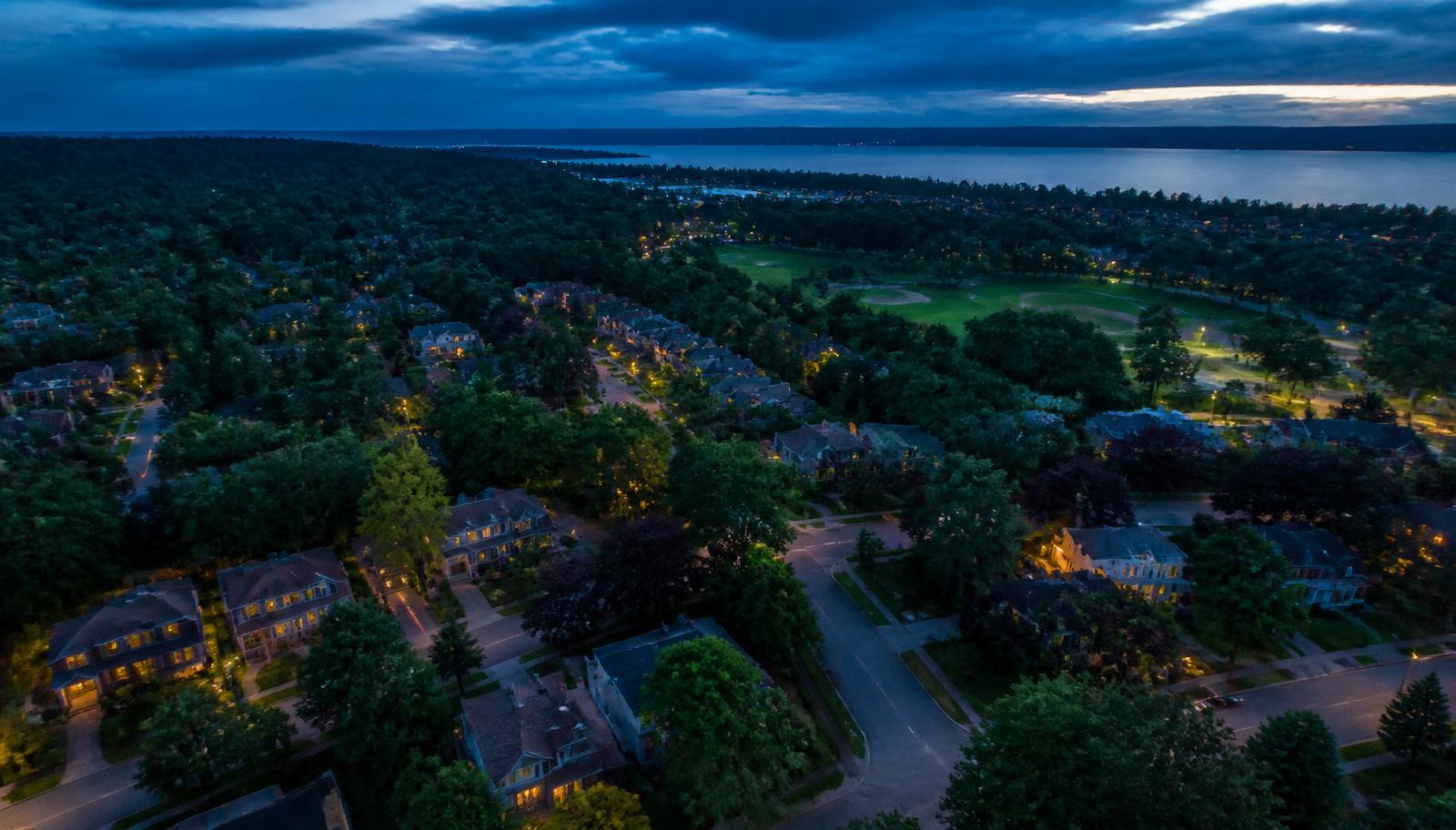 Aerial view of a tree-lined neighborhood at blue hour